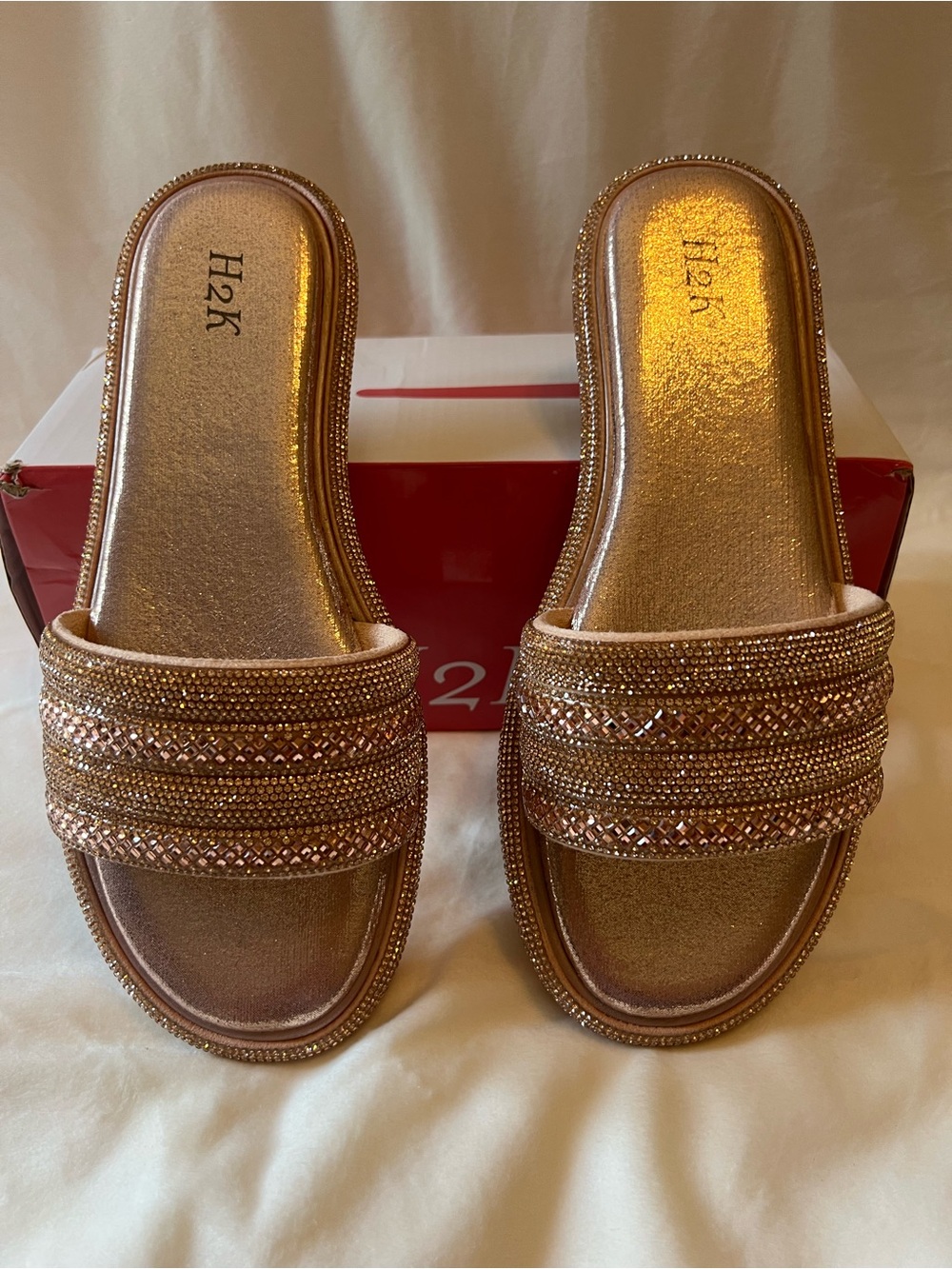H2K Rose Gold Embellished Slide Sandals - Women's